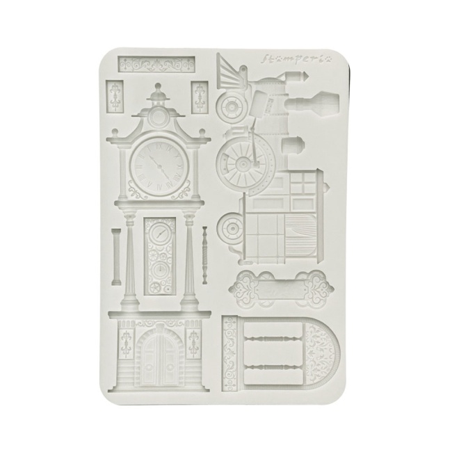 Stamperia A5 Silicon Mould - Gardens of Time - Train and Longcase Clock - KACMA609