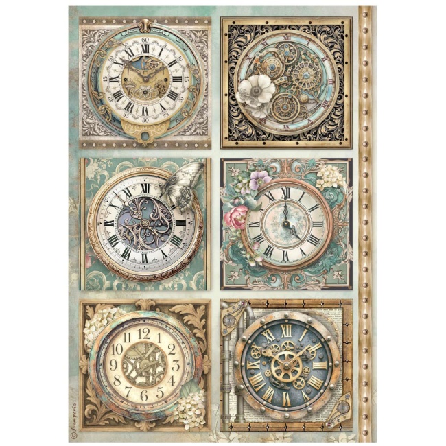 Stamperia A4 Rice Paper - Gardens of Time - 6 Clocks - DFSA41111