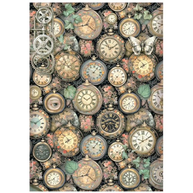 Stamperia A4 Rice Paper - Gardens of Time - Clock Pattern - DFSA41116