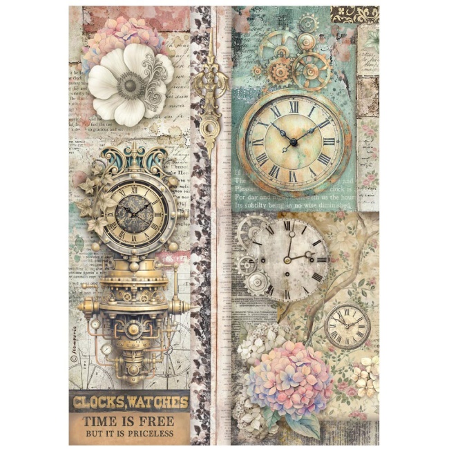 Stamperia A4 Rice Paper - Gardens of Time - Clocks Time is Free - DFSA41112