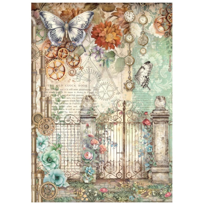 Stamperia A4 Rice Paper - Gardens of Time - Gate and Butterfly - DFSA41115