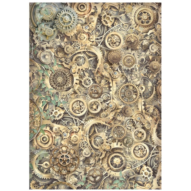 Stamperia A4 Rice Paper - Gardens of Time - Gears Pattern - DFSA41113