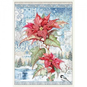 Stamperia A3 Rice Paper - Winter Tales - Poinsettia Red