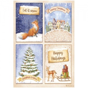 Stamperia A4 Rice Paper - Winter Valley - 4 Cards Fox - DFSA4802