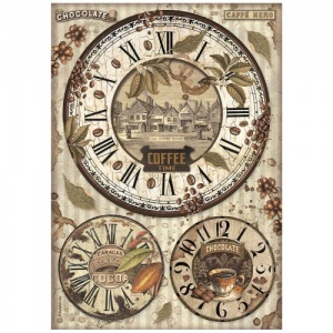 Stamperia A4 Rice Paper - Coffee and Chocolate - Clocks - DFSA4823