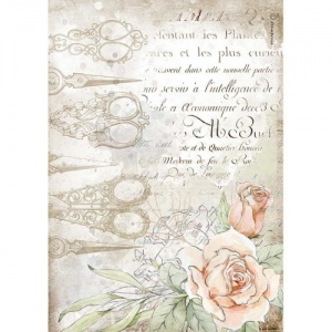 Stamperia A4 Rice Paper - Romantic Threads - Scissors and Roses