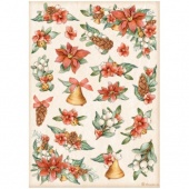Stamperia A4 Rice Paper - All Round Xmas - Poinsettia and Bells - DFSA4806