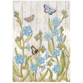 Stamperia A4 Rice Paper - Romantic Garden House - Blue Flowers and Butterfly - DFSA4667